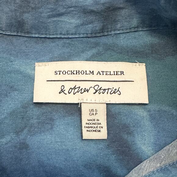 & Other Stories Women Shirt Short Sleeve Boxy Button Up Wavy Printed Blue - Picture 6 of 9